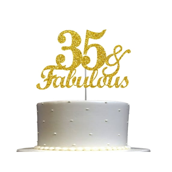 Fabulous & 35 Cake Topper Gold Glitter, 35th Birthday Party Decoration Ideas, Sturdy Doubled Sided Glitter, Acrylic Stick. Made in USA