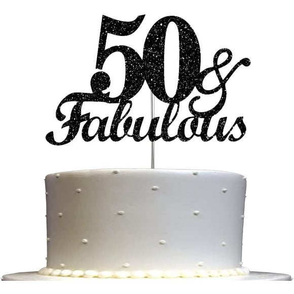 Fabulous & 50 Black Glitter Cake Topper, 50th Birthday Party Decorations Ideas, Sturdy Doubled Sided Glitter, Acrylic Stick. Made in USA