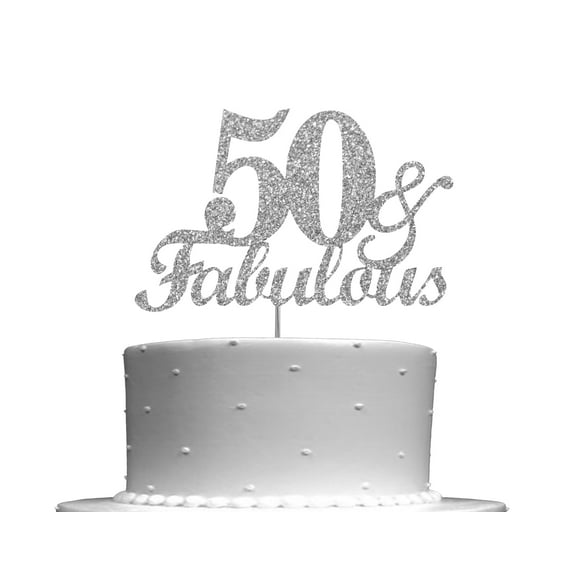 Fabulous & 50 Silver Glitter Cake Topper, 50th Birthday Party Decorations Ideas, Decoration, Sturdy Doubled Sided Glitter, Acrylic Stick. Made in USA