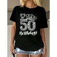 thumbnail image 1 of Fabulous 50th Birthday Queen T-Shirt for Women, Sparkly Rhinestone Graphic Crown Fifty Years Old Celebration Top, Elegant Black Short Sleeve Party Apparel, 1 of 6
