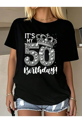 Fabulous 50th Birthday Queen T-Shirt for Women, Sparkly Rhinestone Graphic Crown Fifty Years Old Celebration Top, Elegant Black Short Sleeve Party Apparel