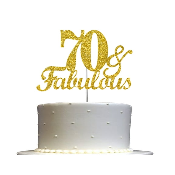 Fabulous & 70 Cake Topper Gold Glitter, 70th Birthday Party Decoration Ideas, Sturdy Doubled Sided Glitter, Acrylic Stick. Made in USA