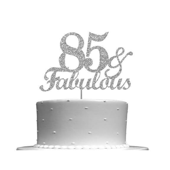 Fabulous & 85 Silver Glitter Cake Topper, 85th Birthday Party Decorations Ideas, Decoration, Sturdy Doubled Sided Glitter, Acrylic Stick. Made in USA