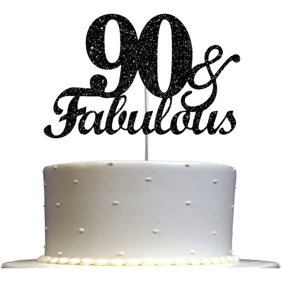 Fabulous & 90 Black Glitter Cake Topper, 90th Birthday Party Decorations Ideas, Sturdy Doubled Sided Glitter, Acrylic Stick. Made in USA