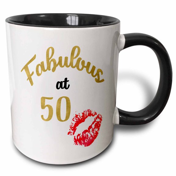 3drose, Fabulous at 50 with Kissing Red Lips Word Art, 11oz Two-tone Black Mug