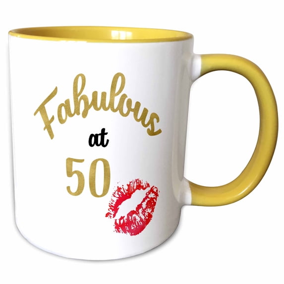 3drose, Fabulous at 50 with Kissing Red Lips Word Art, 11oz Two-tone Yellow Mug
