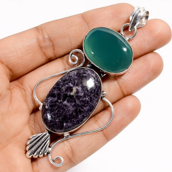 Fabulous Top Grade Qualite 100% Natural Ruby Fuchsite Oval Shape Vintage Style Handmade Jewelry 925 Steling Silver Pendant 2.1" WSJ-4823