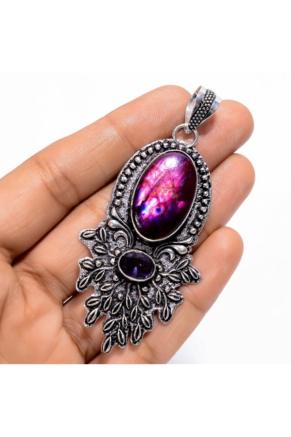 Fabulous Top Grade Qualite 100% Natural Ruby Zoisite Oval Shape Vintage Style Handmade Jewelry 925 Steling Silver Pendant 2.5" WSJ-4921