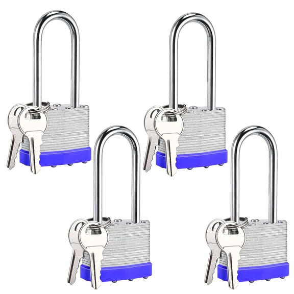 Faburo 4-Pack Laminated Steel Padlock with 2.4" Long Shackle, Keyed Alike Outdoor Locks with 8 Keys, Blue Base, 40mm Wide