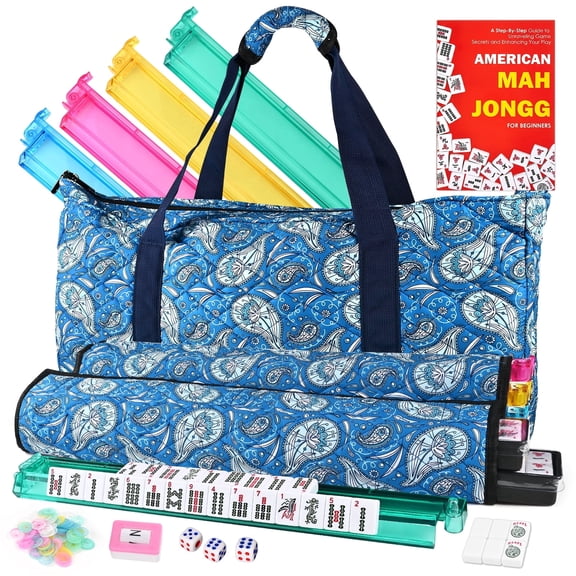 Faburo American Mahjong Set with 166 White Engraved Tiles, 4 Color Racks with Pushers, Dice, Chips, Carrying Bag, Complete Mah Jongg Game Set,Blue