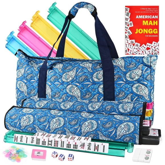 Faburo American Mahjong Set with 166 White Engraved Tiles, 4 Color Racks with Pushers, Dice, Chips, Carrying Bag, Complete Mah Jongg Game Set,Blue