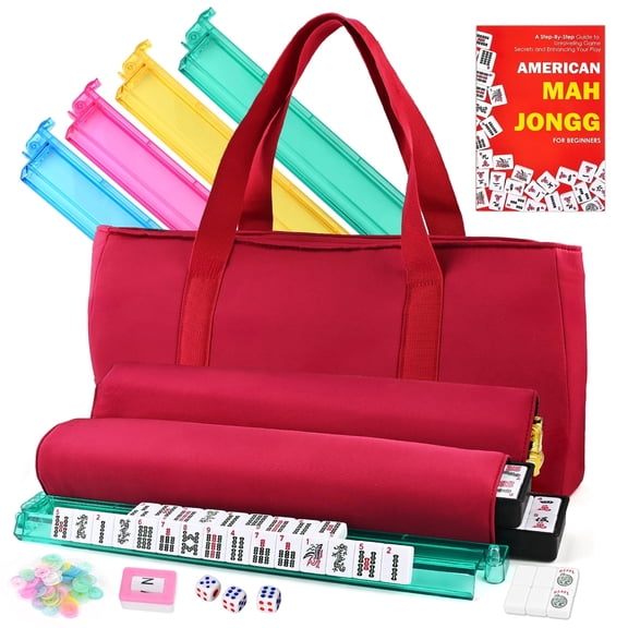 Faburo American Mahjong Set with 166 White Engraved Tiles, 4 Color Racks with Pushers, Dice, Chips, Carrying Bag, Complete Mah Jongg Game Set,Red