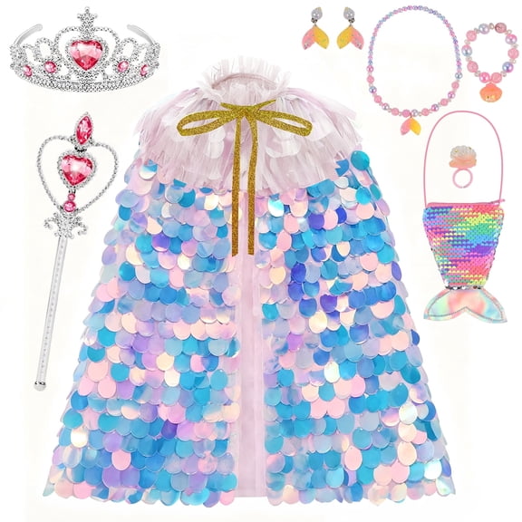 Faburo Mermaid Princess Dress Up Clothes for Girls 4-6, Mermaid Princess Dress Toys,Kids Rainbow Sequin Cape Costumes & Crown, Wand, Purse, Jewelry | 3 4 5 8 Year Old Girl Toddler Birthday Gifts