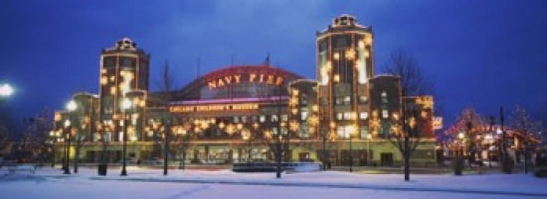 Facade Of A Building Lit Up At Dusk Navy Pier Chicago Illinois USA Canvas Art - Panoramic Images (18 x 7)
