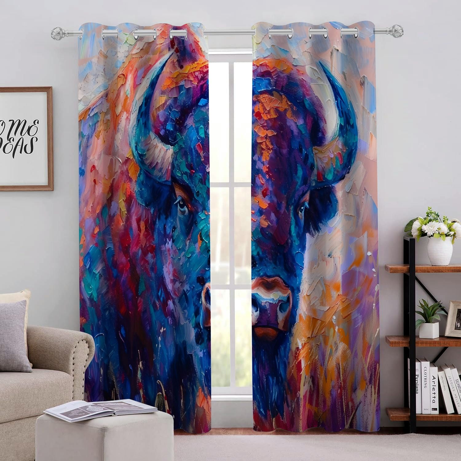 Image showcasing Facannap Bison Blue Nose Grass Field Perforated Blackout Curtains 2 ...