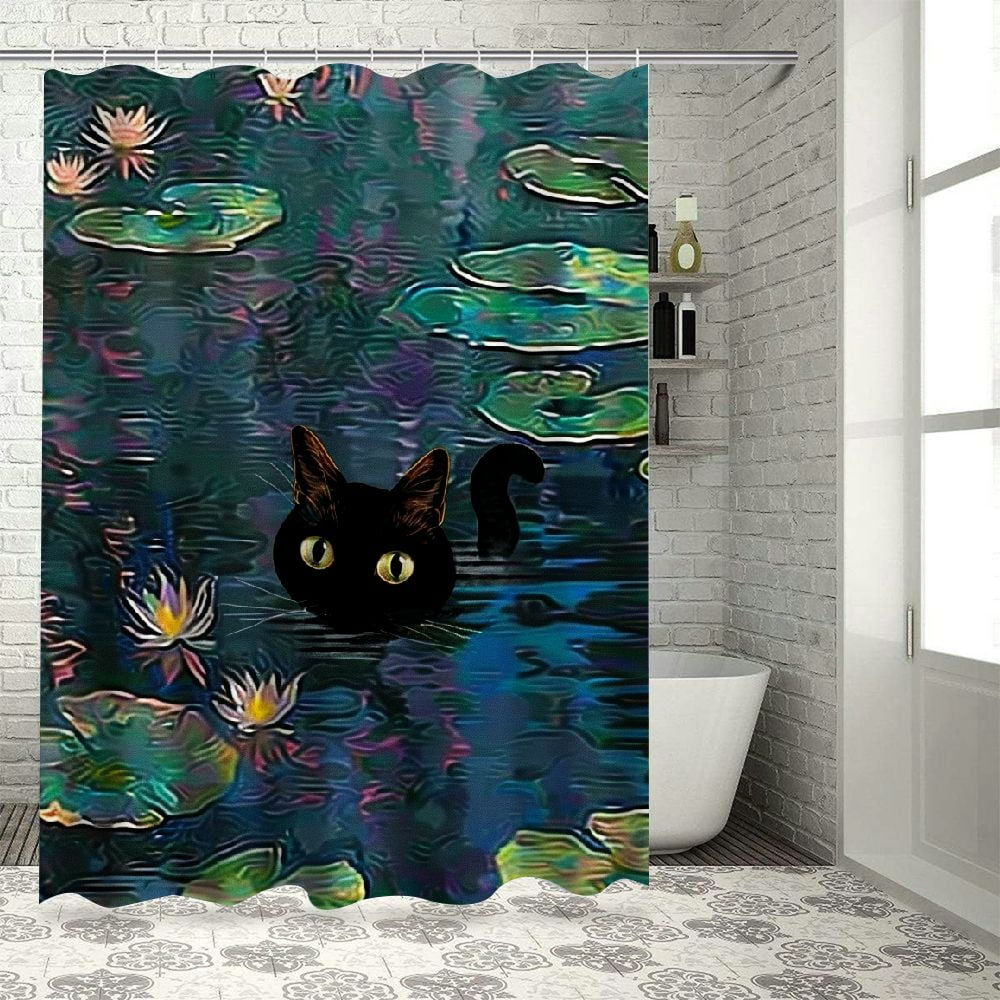 Facannap Cat Water Lilies Art Waterproof Shower Curtain Multiple Sizes
