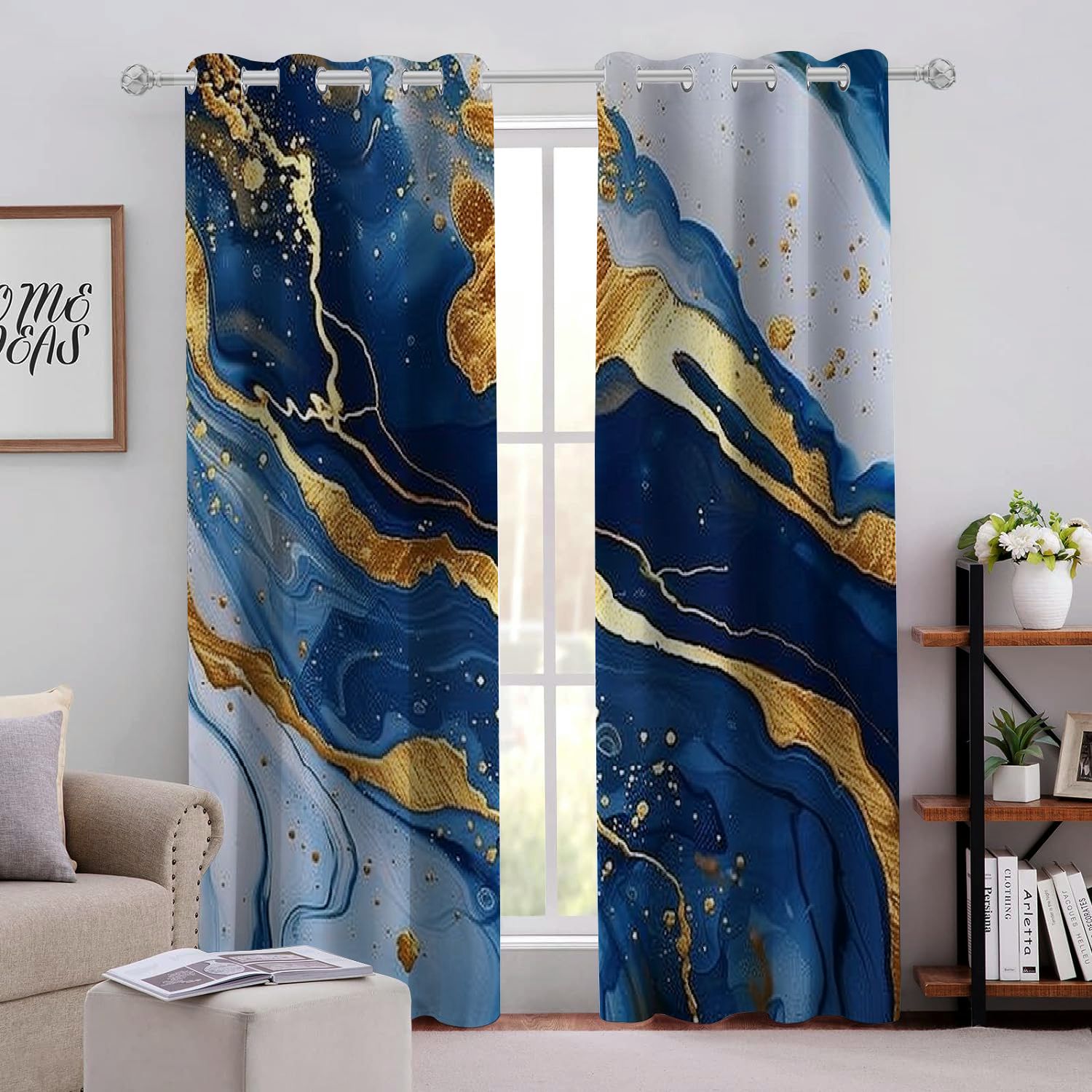 Facannap Gold Blue Abstract Perforated Light Blocking Curtains 2-Pack