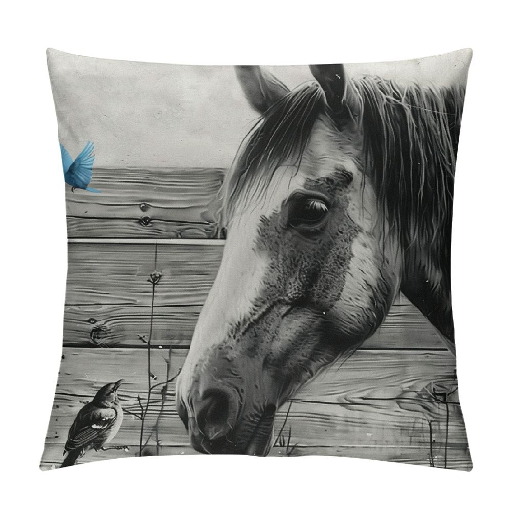 Facannap Horse Bird Fence Short Plush Pillowcase Cover for Car Couch