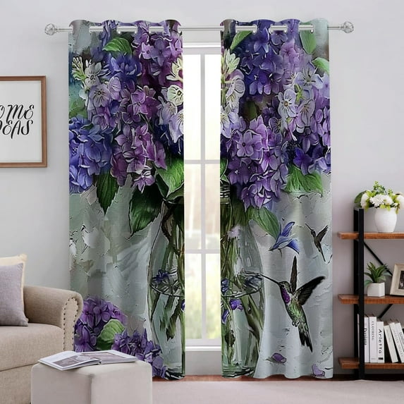 Facannap Hummingbird Flowers Perforated Blackout Curtains 2-Pack Fashionable Thermal Insulation Curtains 63x72in