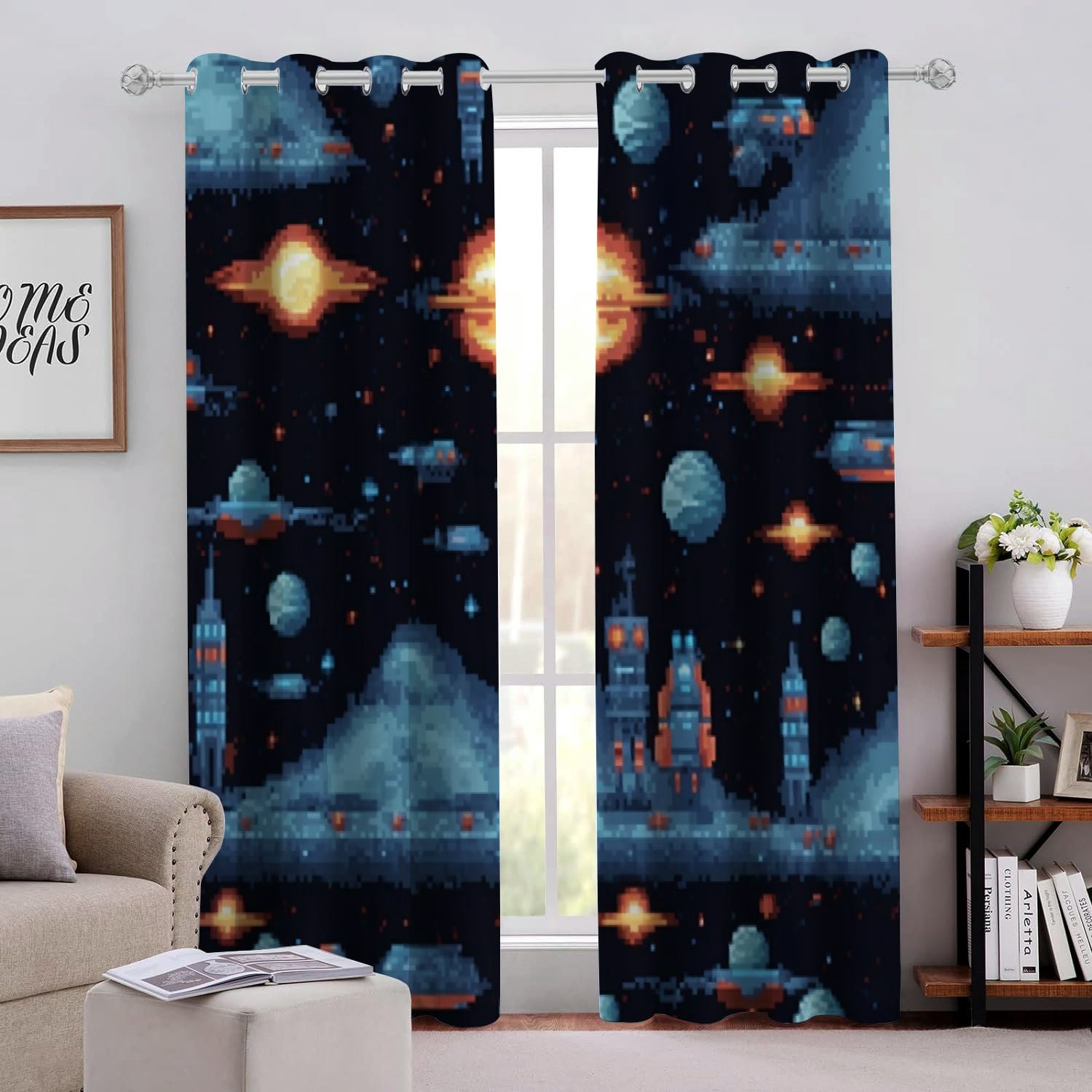 Facannap Pixel Art Space Art 2D Sprites Perforated Blackout Curtains 2 ...