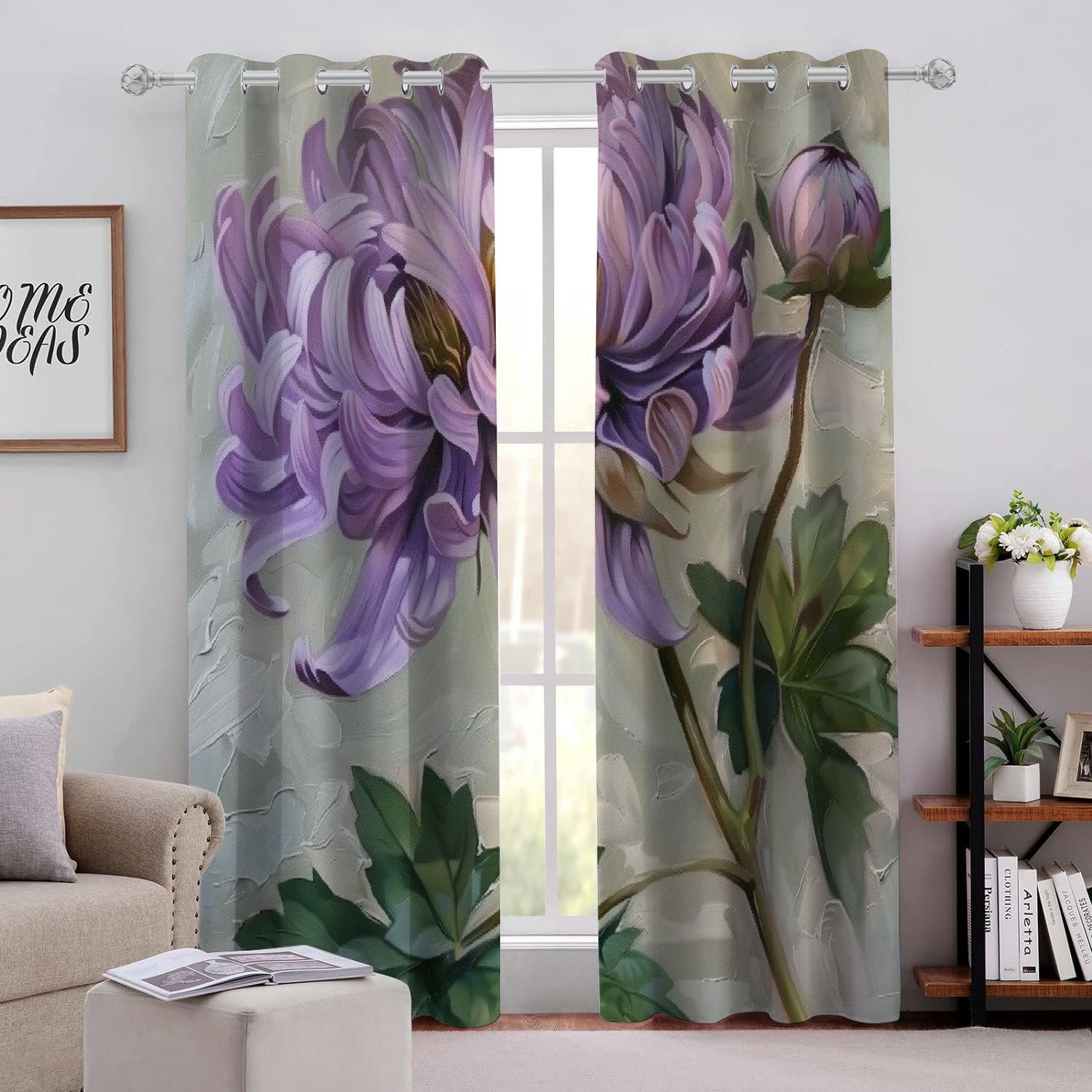 Facannap Purple Flower Leaves Perforated Blackout Curtains 2Pack