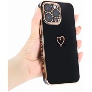 Facbiny Compatible for iPhone 14 Pro Max Case Luxury TPU Cover with Meaningful Heart Design Gold Electroplate Bumper Full Camera Lens Protection Shockproof Case for Women Girls, Black