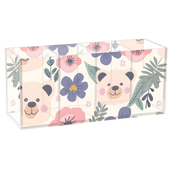 Face Bear Flowers with Leaves Pencil Pen Cosmetic Holder Cup Makeup Brush Holder Desk Accessories Holder Acrylic Organizer for Office School Home