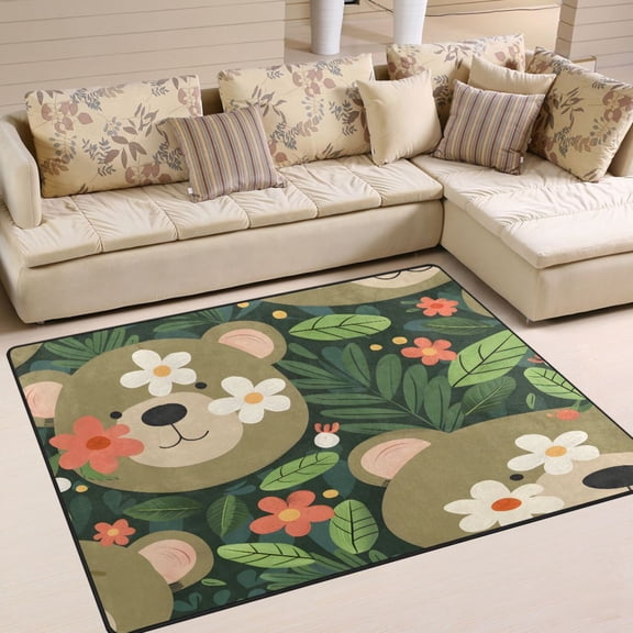 Face Bear and Flowers Leaves Area Rug Washable 80 x 58 Floor Carpet Mat Non Slip for Bedroom Living Room Home Decor