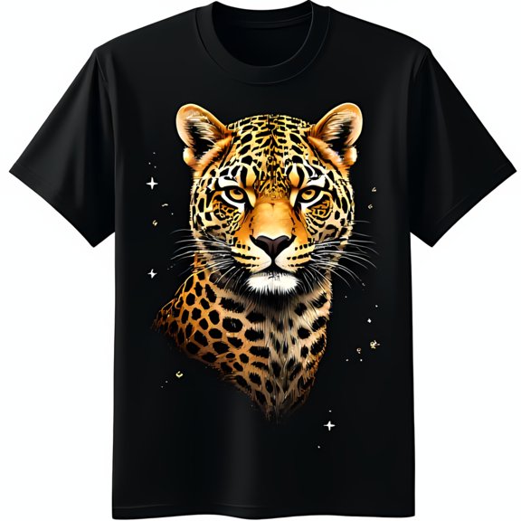 Face Black T-Shirt with Gold Stars Unique Animal Print Tee