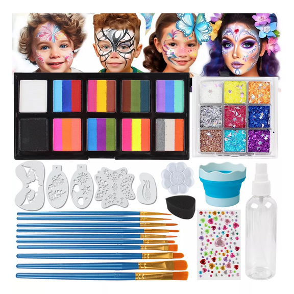 Face Body Paint Kit  26 Colors Water-Based & Oil-Based Non-Toxic Makeup Palette with Brushes & Stencils,Safe for Kids & Adults,Halloween,Cosplay,SFX,Party & Stage Makeup