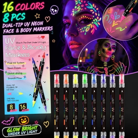 Face & Body Paint Markers, 8 Pack 16 Color Double Tip Uv Fluorescent Neon Paint Markers, Glow in The Dark Markers for Halloween Party, Washable Non Toxic Paint Pens for Student
