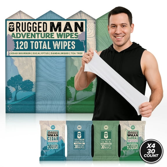 Face Body Wipes for Men 120 Total (4 Packs 30 Wipes) Travel Cleansing Wet Wipes
