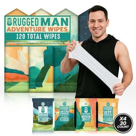 Face Body Wipes for Men 120 Total (4 Packs 30 Wipes) Travel Cleansing Wet Wipes