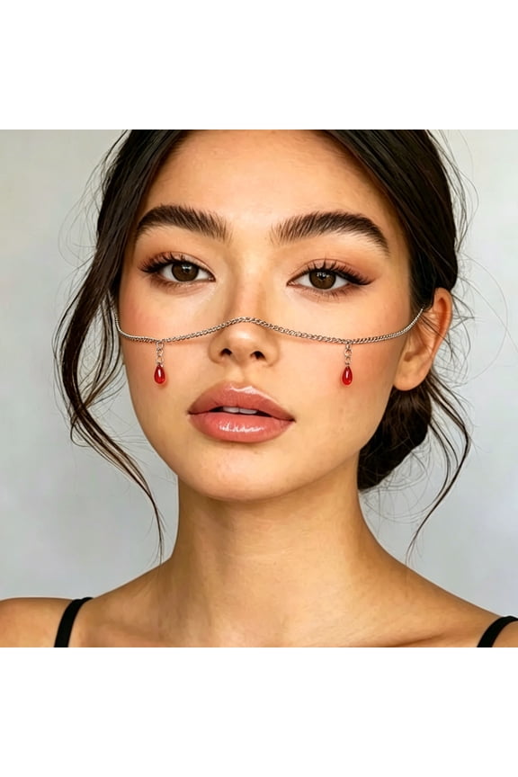 Face Chain with Red Water Drop Pendant, Metal Luster Multi-Purpose Face Hair Accessory, Parties Photoshoots Exotic Style Jewelry