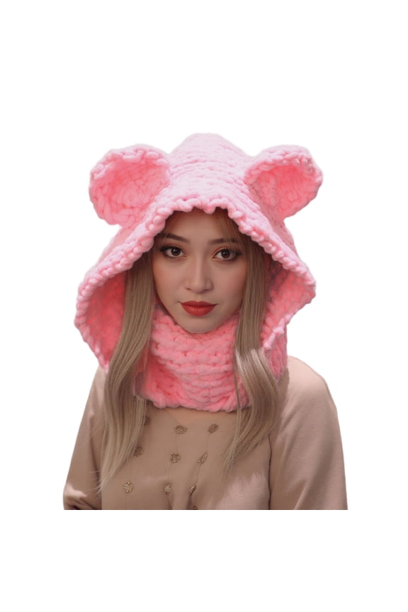Face Cover Protective Winter Hat Bear Ear Design Stretchable Knitted Scarf Hat for Women Teens Daily Outdoor Activity