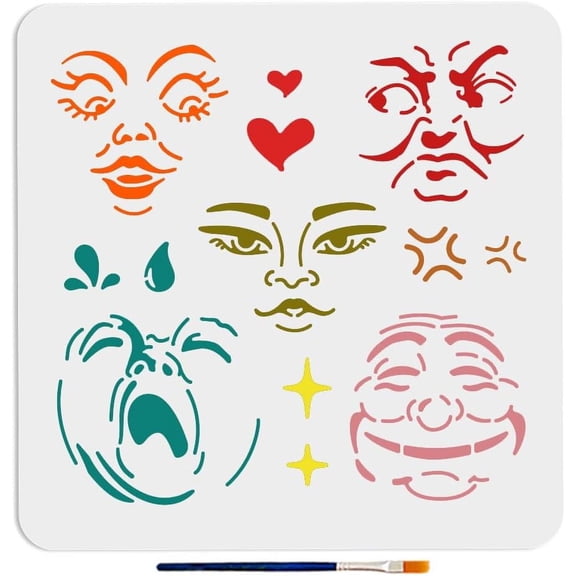 Face Expression Stencil 11.811.8inch 5 Face Patterns Large Reusable Emotional Facial Features Stencils with Paint Brush for DIY handcrafting