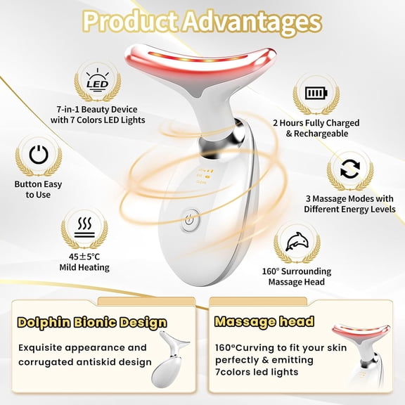 Face Light Therapy Device, Based on Triple Action LED, Thermal, and Vibration Technologies, Face and Neck Beauty Device with 7 Color LED for Home Use, Improve Skin(Glossy White)