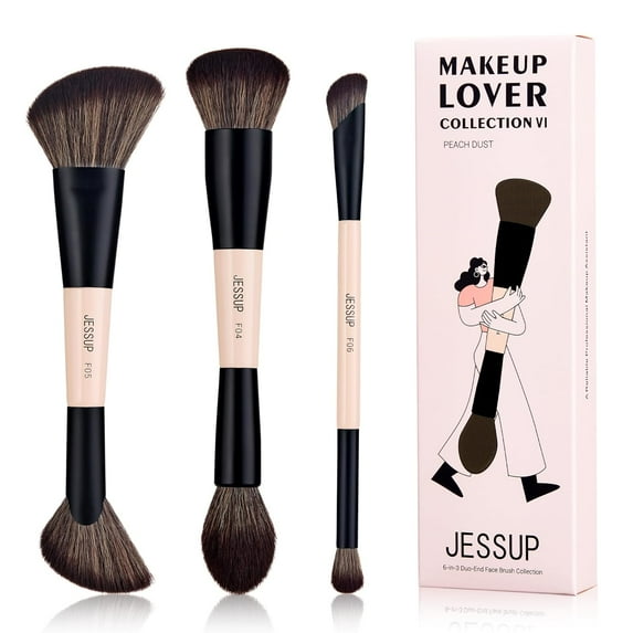 Face Makeup Brushes 3pcs Double Ended Makeup Brush Set for Foundation Contour Blush Highlight and Powder, Premium Synthetic Make up Brushes Peach Dust T508