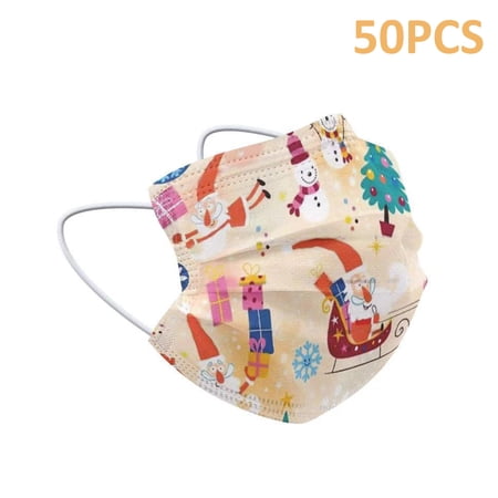 Face Mask Disposable Face Masks MICPANG Colored with Christmas Pattern Suitable For Adults And Teens 3 Layer with Nose Clip and Ear Loops - Christmas, Light Yellow, 50PCS