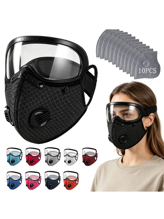 Face Mask for Dust, Full Face Respirator Mask, Carbon Filter Mask, Nose Filters for Dust, Red Adult Cycling Dust Protection Kit, 1 Washable Face Cover + 10 Activated Carbon