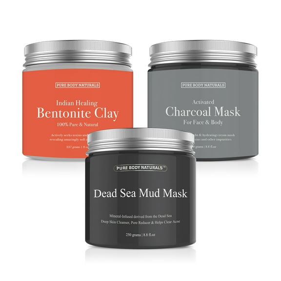 Face Mask Gift Set - includes Natural Mud Mask, Clay Mask and Charcoal Face Mask - by Pure Body Naturals (3 Jars, 8.8 oz. Each)