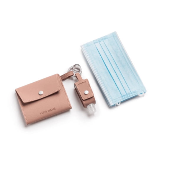 Face Mask Holder Case Storage Protector Organizer PU Leather Mask Storage Hand Sanitizer Holster Set Foldable Mask Temporary Storage Folder Key Hanging Buckle Wallet (PINK)