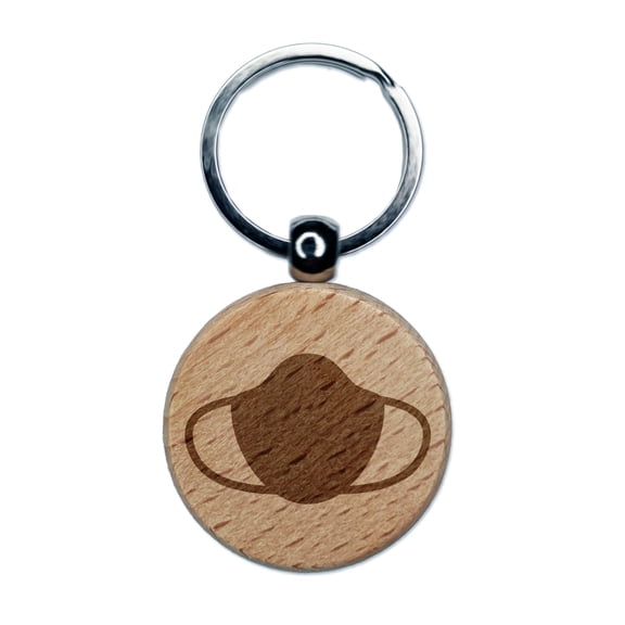 Face Mask Icon Solid Round Keychain Charm Tag - Engraved Wood