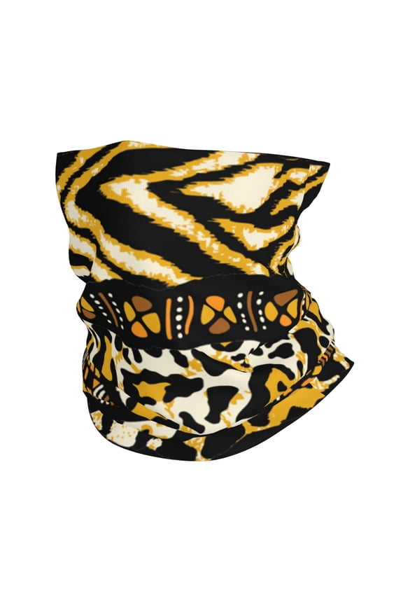 Face Mask Neck Gaiter Windproof Bandana Headwear Breathable Cover Outdoor Scarf, Golden Wild Animal Skins With African Tribal Motifs