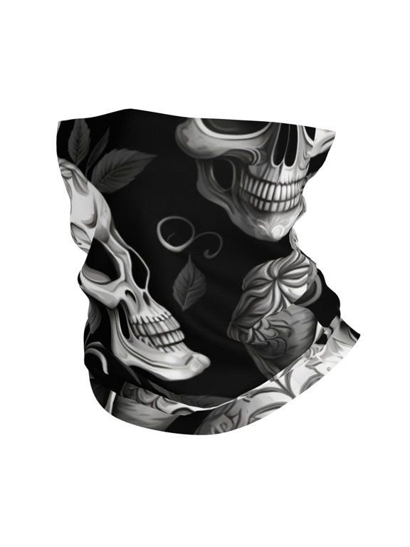 Face Mask Neck Gaiter Windproof Bandana Headwear Breathable Cover Outdoor Scarf, Gothic Skulls Head Black Skull