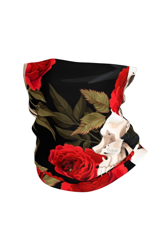 Face Mask Neck Gaiter Windproof Bandana Headwear Breathable Cover Outdoor Scarf, Skulls Red Roses Raven
