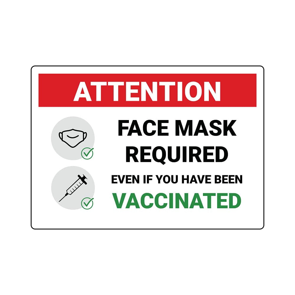 Face Mask Required, Even if You Have Been Vaccinated Window Sticker - Pack of 5 Decals - Red and White Design - 10 x 7 Inch Rectangle - Indoor Only - Removable Adhesive Vinyl - Online Labels