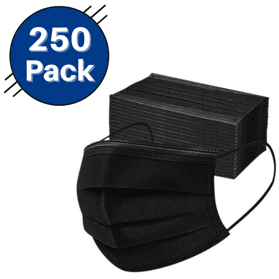 Face Masks 250 PCS Black Disposable 3 Ply Cotton Fabric w/ Elastic Ear Loop