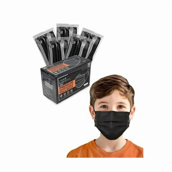 Face Masks Disposable for Kids, 4 Ply ASTM Level 3, FSA HSA Eligible, Allergy Protection, Individually Wrapped, 50 Pack, Classic Solid Black