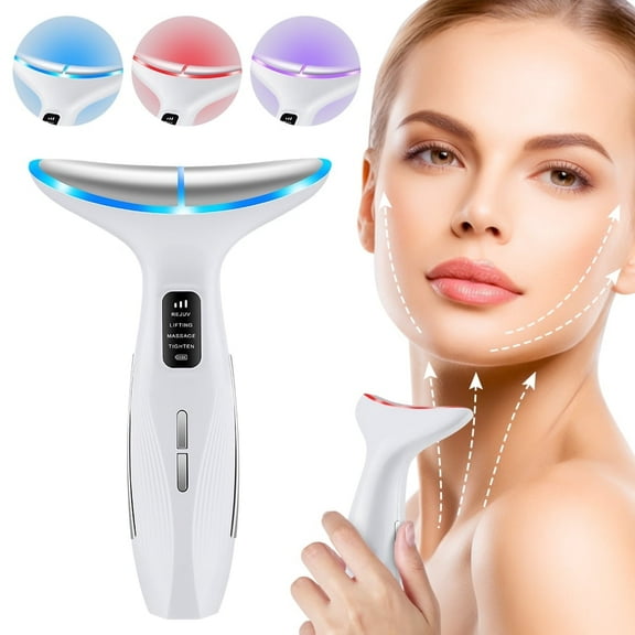 Face Massager Tool,3-in-1 Facial & Neck Beauty Tool with LED Light, Gentle Heat, and Vibration Functions (White)